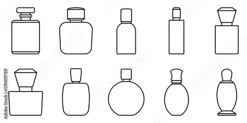 Bottle of perfume. Set of linear silhouette of perfume bottles. Fragrance bottle icon. Vector illustration