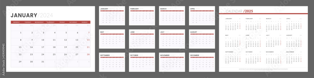 2024-2025 Calendar Planner Template. Vector layout of a wall or desk simple calendar with week start monday. Set of monthly and annual page calendar. Minimalist corporate calendar design for print.