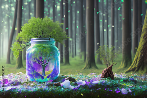 The jar containing the plant and the galaxy effect is in the forest area (Earth Day Concept), Created with Generative AI Technology