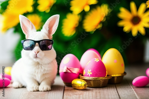 Cute Easter Bunny with sunglasses on colorful background