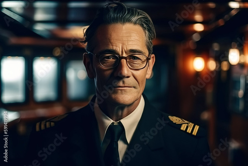 portrait of sailor captain of ship in interior of a cruise boat. Generative AI