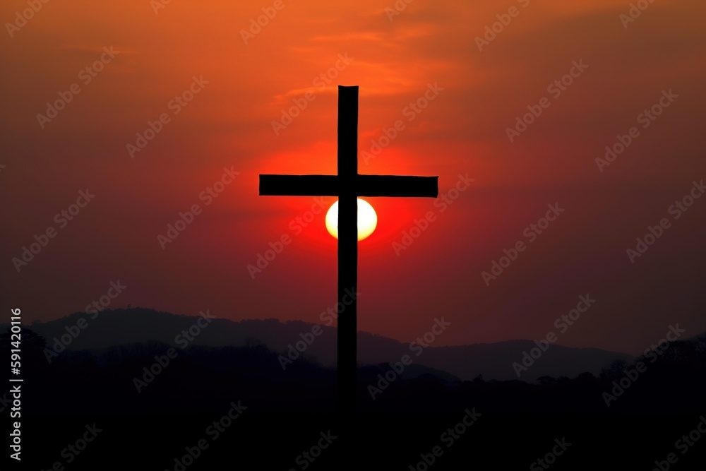 cross in the sunset, wooden cross silhouette on top of a hill bathed in warm sunlight during sunset