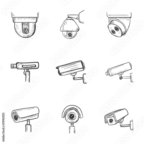 Set of CCTV Sketch Icons. Hand Drawn Security Cameras.