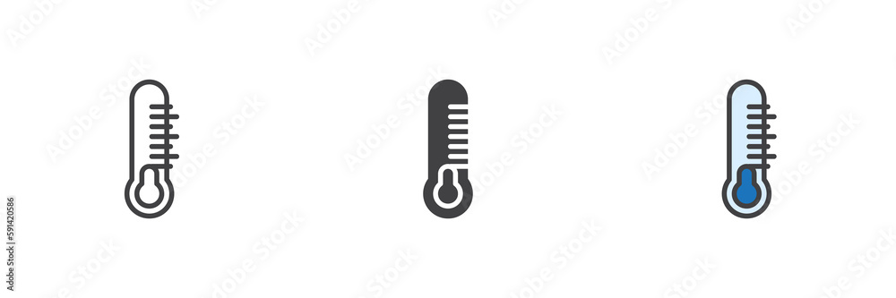 Cold temperature thermometer different style icon set Cold temperature thermometer different style icon set