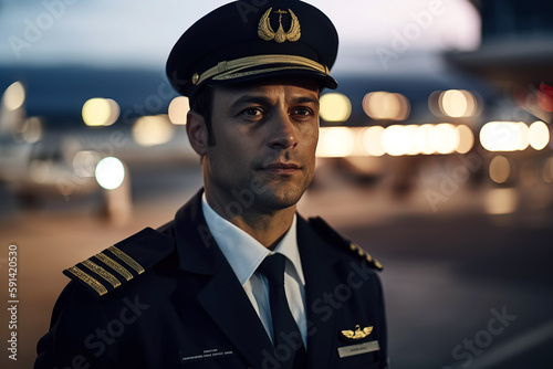 portrait of an airplane pilot captain at airport at airfield. Generative AI