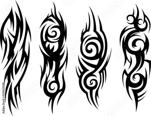  Tribal tattoo. Silhouette illustration. Isolated abstract element set. 