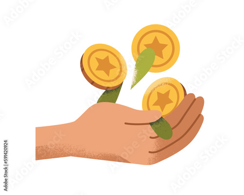 Hand with gold coins, money, cash. Finance, wealth concept. Financial cashback, bonus, prosperity. Capital, deposit, income icon. Flat graphic vector illustration isolated on white background