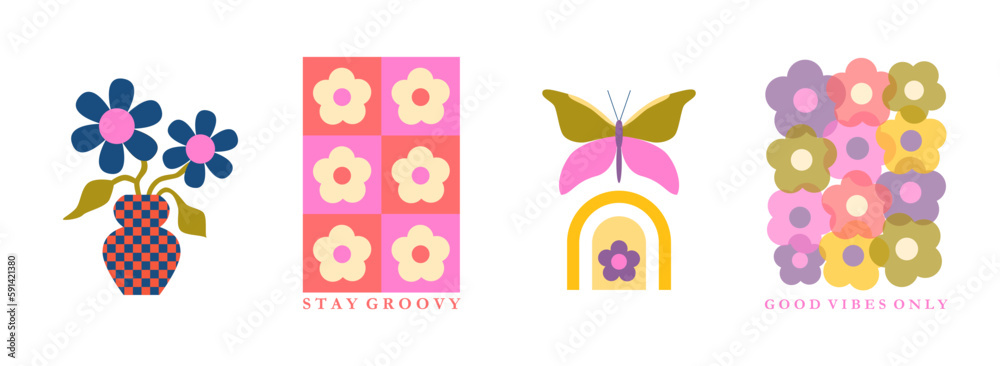 Set of 70s retro revival posters. Groovy flowers, retro vintage lettering. Checkered board, butterfly, rainbow. Poster, flyer, card, banner design. Background. Naive art
