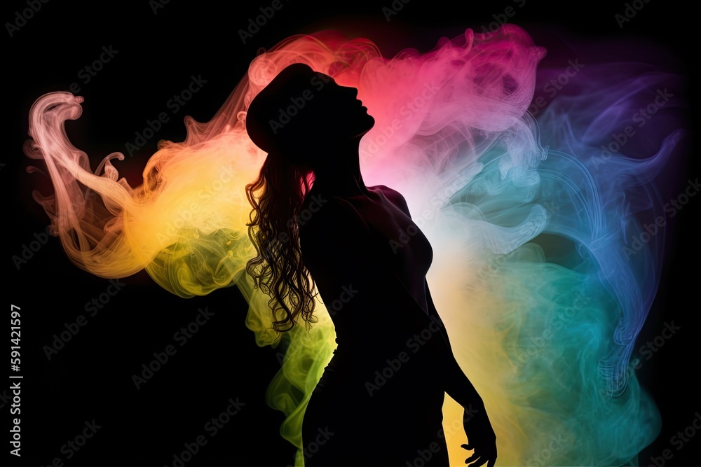 Chakra Dancing is beautiful healing workout for the mind, body and soul. Sacral chakra dance. Silhouette woman dancer dancing on the background of smoke in colors of the chakras. AI generative