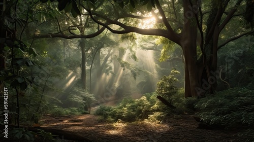 Old beautiful forest with sunlight filtering through the dense vegetation, generative ai © FrankBoston