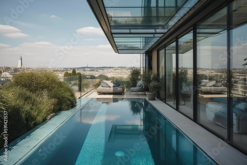 penthouse terrace with a swimming pool overlooking Paris  generative AI