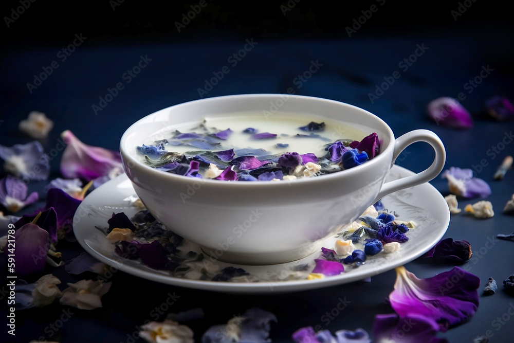 Cup of Butterfly Pea tea with flowers. Generative AI illustration Cup of Butterfly Pea tea with flowers. Generative AI illustration