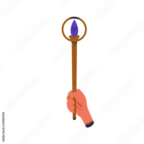 Hand holding wand, torch light, magic stick, symbol of power. Powerful magici...