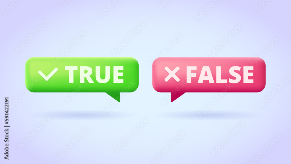 Red and green message bubble with cross and tick marks. Accept, decline icons, true and false, verification concept. 3d vector icon set for web site, banner, landing page, print. Red and green message bubble with cross and tick marks. Accept, decline icons, true and false, verification concept. 3d vector icon set for web site, banner, landing page, print.
