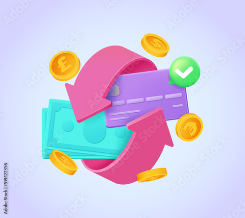 Shopping cashback, money transfer concept with cash, coins, arrows and credit card. Design concept for landing page. 3d vector illustration for website, banner, hero image.
 