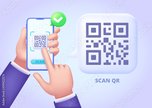 Qr code scan with phone and hands. Three dimensional design concept for landing page. 3d vector illustration for website, banner, hero image.