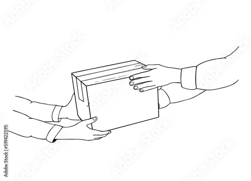 Courier hands delivering package to customer. Hands of client receiving parcel. Delivery concept.