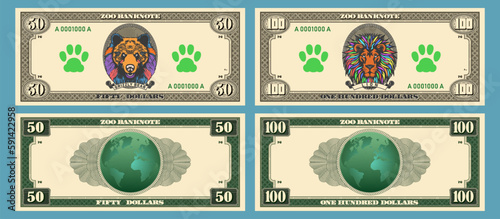 Vector obverse and reverse of zoo banknotes in denominations of 50 and 100 dollars. Portrait in an oval of a grizzly bear and a lion. Animal paw print and planet earth.