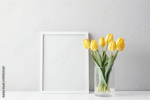 Mockup with yellow tulips in a vase and a white frame on a light background. ai generated.
 #591423360