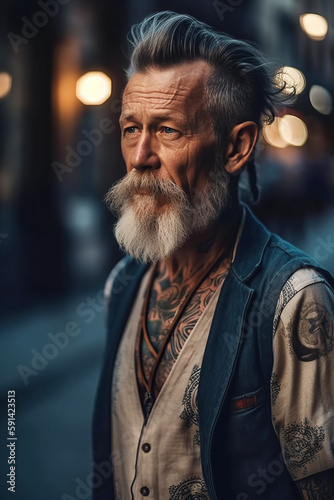 stylish elderly bearded retired man in tattoos on street. Generative AI
