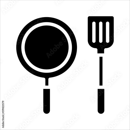 Frying pan with spatula line icon. Baking, food preparation, kitchen. Cooking concept, vector illustration on white background
