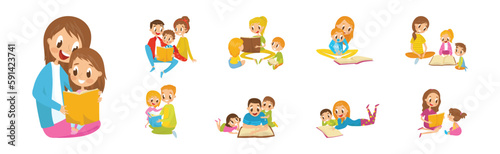Mother and Father Reading Book to Their Kids Vector Illustration Set