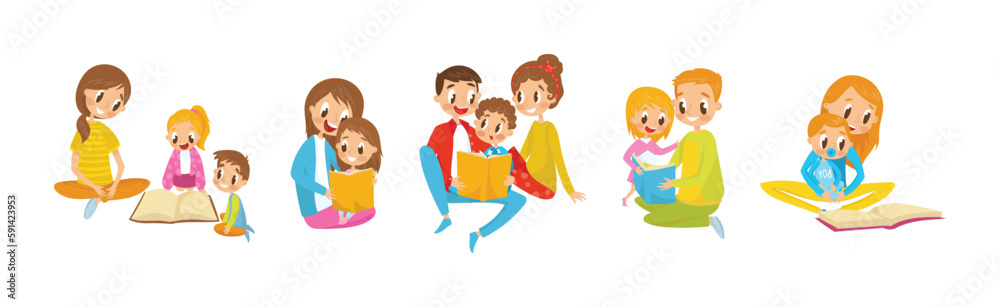 Mother and Father Reading Book to Their Kids Vector Illustration Set Mother and Father Reading Book to Their Kids Vector Illustration Set
