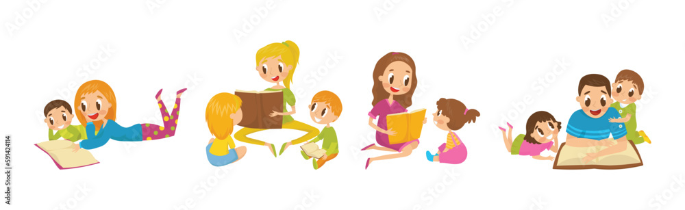 Mother and Father Reading Book to Their Kids Vector Illustration Set