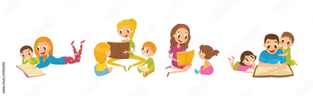 Mother and Father Reading Book to Their Kids Vector Illustration Set Mother and Father Reading Book to Their Kids Vector Illustration Set