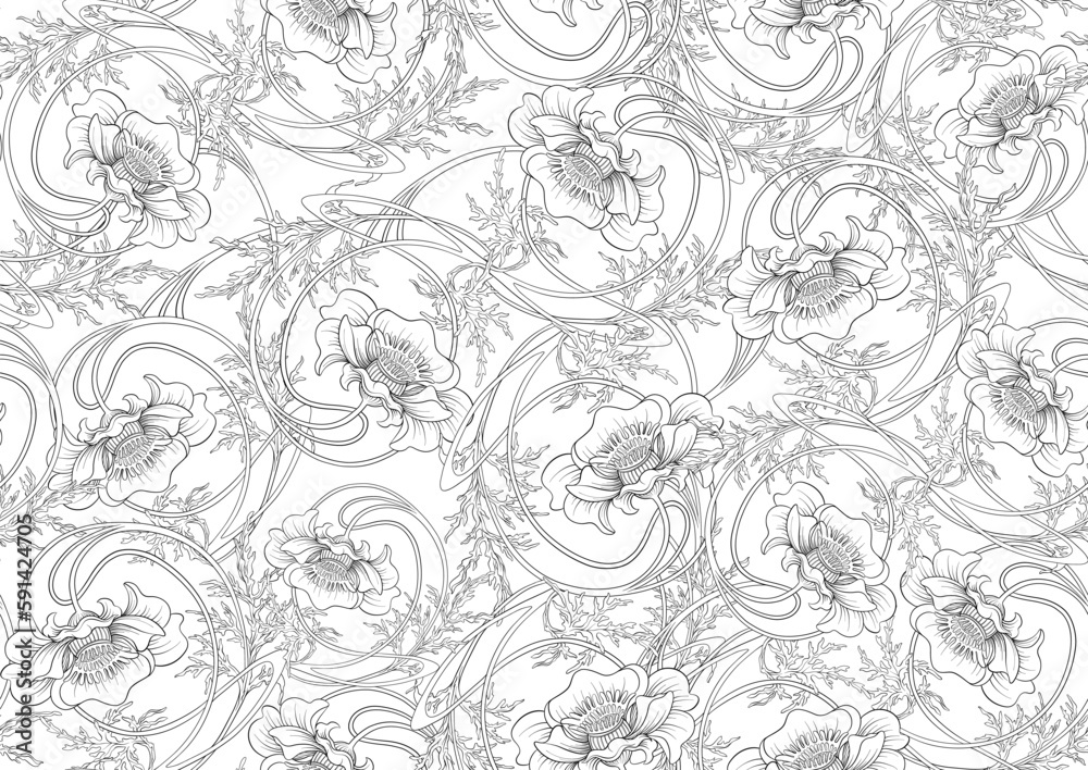 Fototapeta premium Decorative flowers and leaves in art nouveau style, vintage, old, retro style. Seamless pattern, background. Vector illustration. In art nouveau style, vintage, old, retro style.