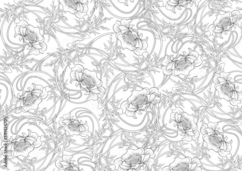 Decorative flowers and leaves in art nouveau style, vintage, old, retro style. Seamless pattern, background. Vector illustration. In art nouveau style, vintage, old, retro style.