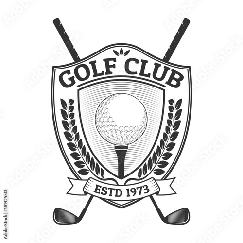 Golf club logo, icon or badge design with ball on a tee and crossed golf sticks. Vintage shield emblem with laurel wreath and ribbon. Sport tournament or championship label. Vector illustration.