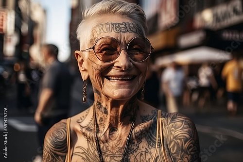 stylish elderly happy woman in tattoos in glasses smiles on the street. Generative AI
