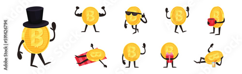 Golden Bitcoin Humanized Character Engaged in Different Activity Vector Set