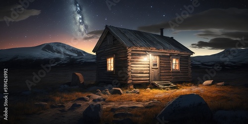 Reinheim Cabin, Dovrefjell National Park, Norway. Generative AI photo