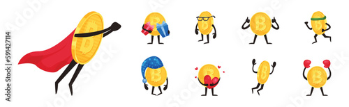 Golden Bitcoin Humanized Character Engaged in Different Activity Vector Set