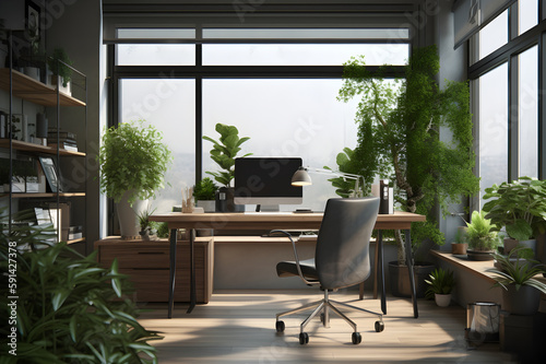 Bright office interior with green plants. With Generative AI tehnology