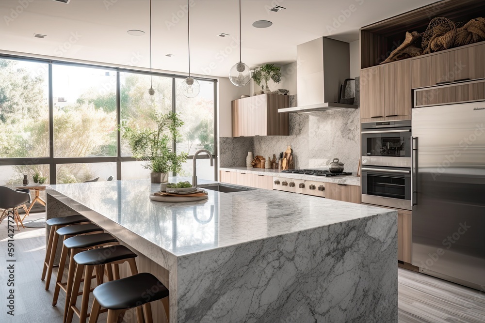 Sleek Modern Kitchen with Large Island and Marble Countertops, Generated by AI Sleek Modern Kitchen with Large Island and Marble Countertops, Generated by AI