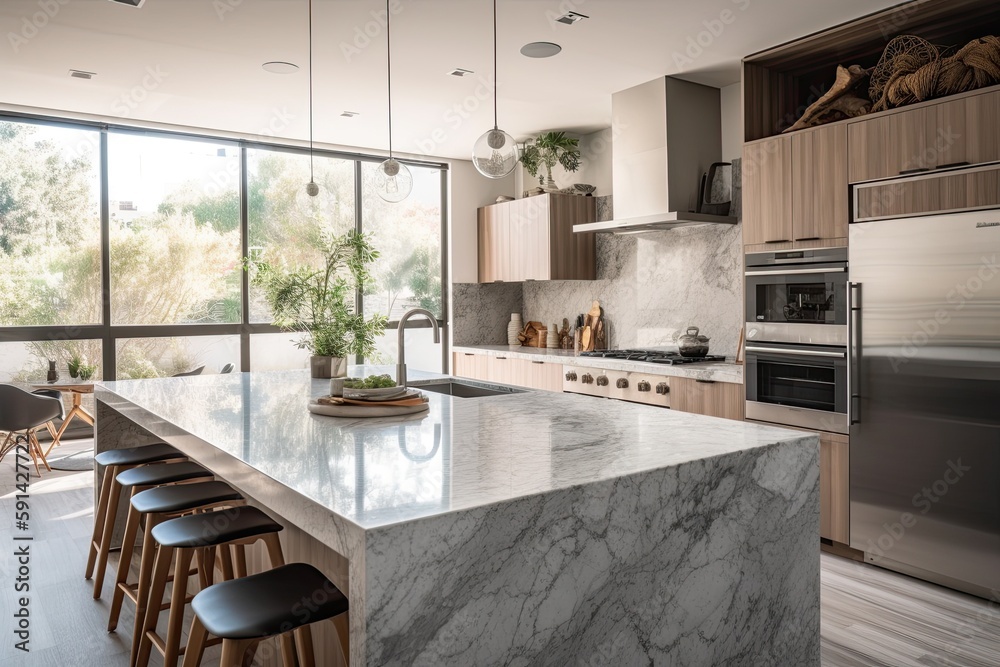 Sleek Modern Kitchen with Large Island and Marble Countertops, Generated by AI