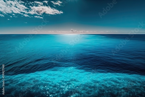 serene blue ocean with a radiant sun peeking through the fluffy clouds. Generative AI