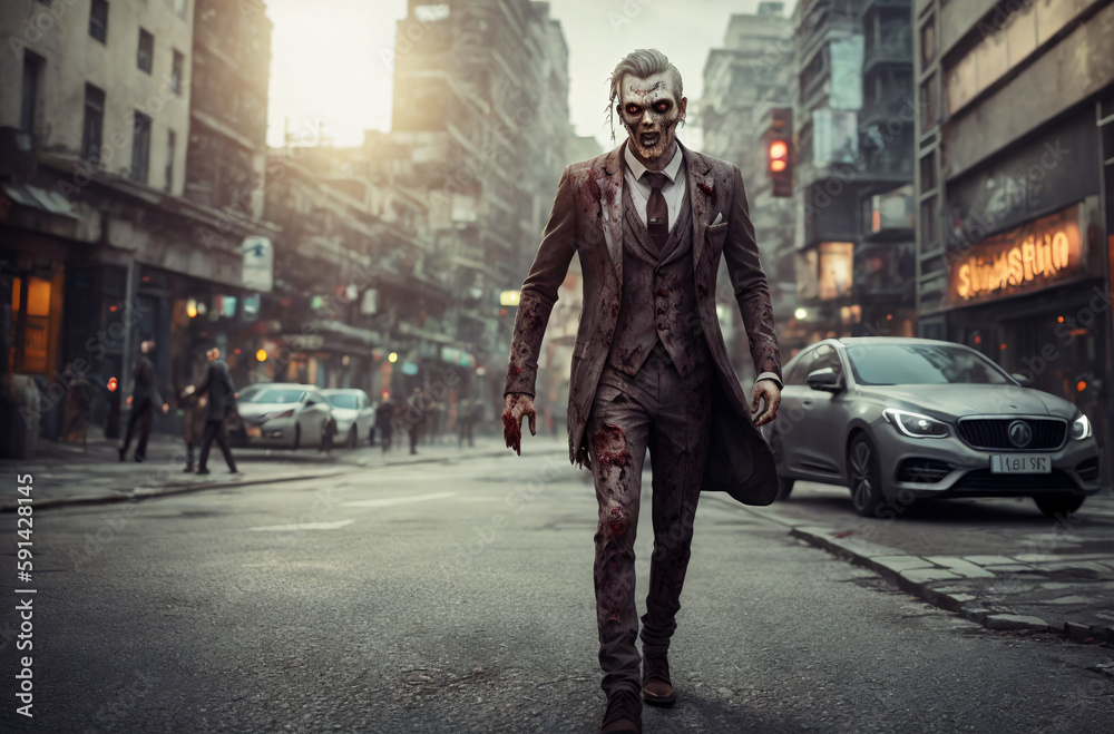 Zombie man in business suit on city street. Stylish living dead in downtown. Generative AI. Zombie man in business suit on city street. Stylish living dead in downtown. Generative AI.