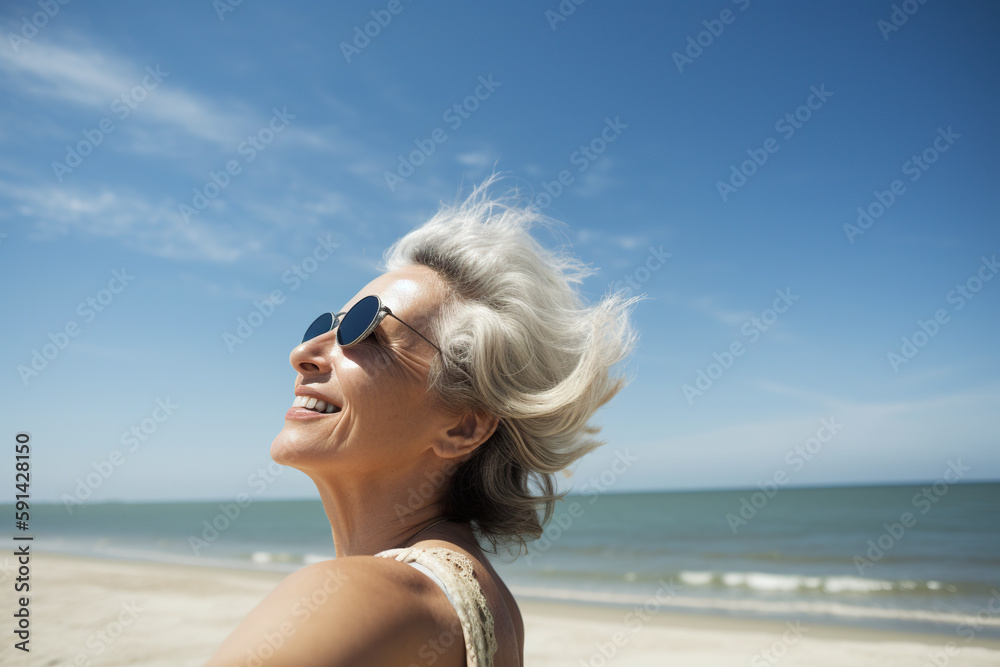 Portrait of happy mature woman in sunglasses looking away at seaside, Generative AI Portrait of happy mature woman in sunglasses looking away at seaside, Generative AI