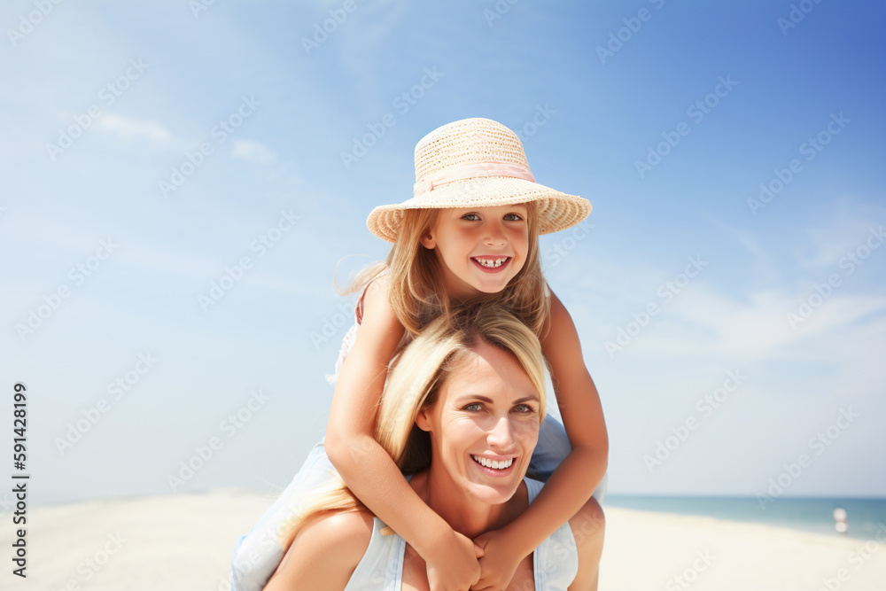 summer holidays, happy mother and daughter on the beach. Generative AI
