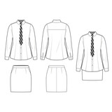 Technical flat sketch of girl's school uniform design template. White collar shirt and mini skirt set mock up vector illustration. Button-down classic shirt and striped neck tie set drawing template.