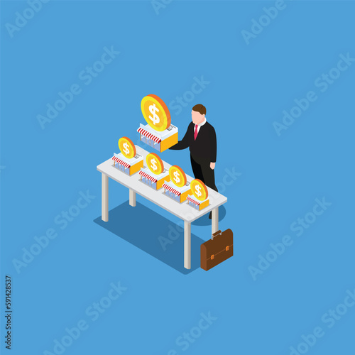 Salesman offer various franchises and licenses 3d isometric vector illustration concept for banner, website, landing page, ads, flyer template