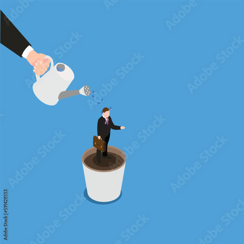 Hand watering businessman in flowerpots 3d isometric vector illustration concept for banner, website, landing page, ads, flyer template