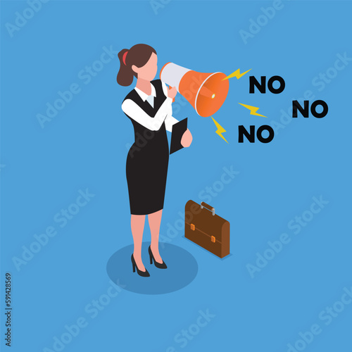 Confident businesswoman speak or scream loud on megaphone with words NO 3d isometric vector illustration concept for banner, website, landing page, ads, flyer template