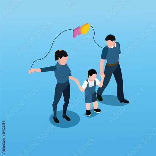 Family with a autistic child 3d isometric vector illustration concept for banner, website, landing page, ads, flyer template
