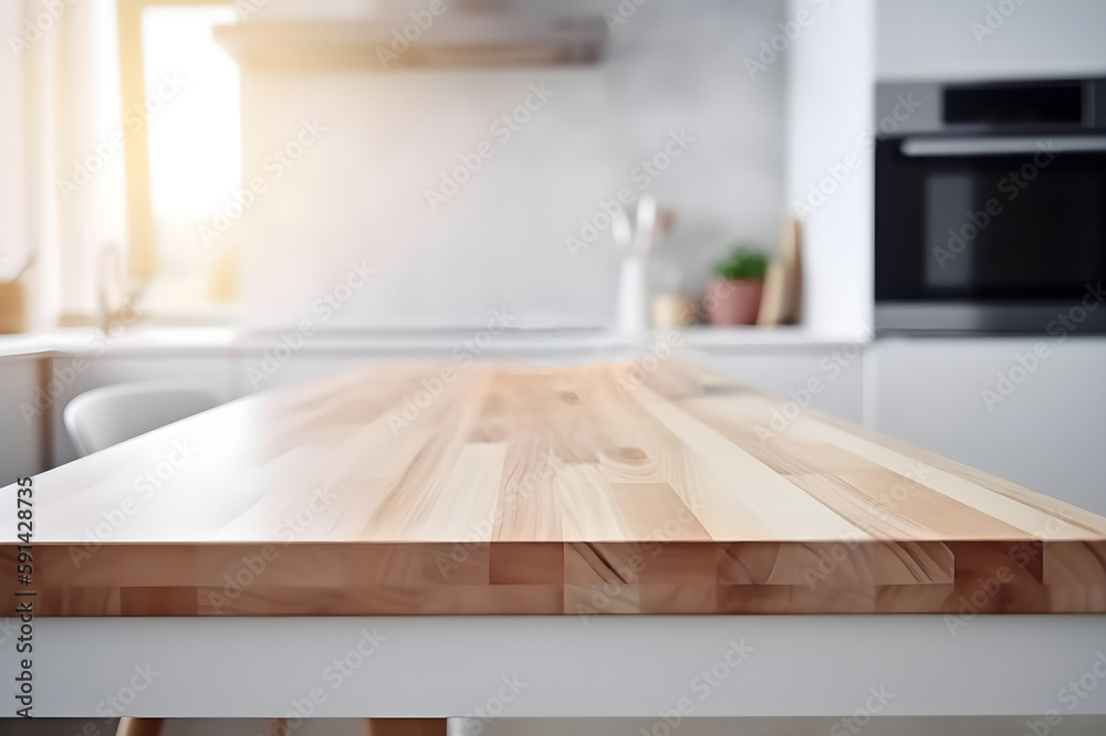 Wooden light table with empty space on the background of the kitchen. With Generative AI tehnology Wooden light table with empty space on the background of the kitchen. With Generative AI tehnology