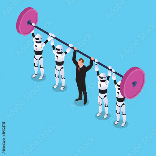 man and robots humanoid lifting a barbell together teamwork 3d isometric vector illustration concept for banner, website, landing page, ads, flyer template